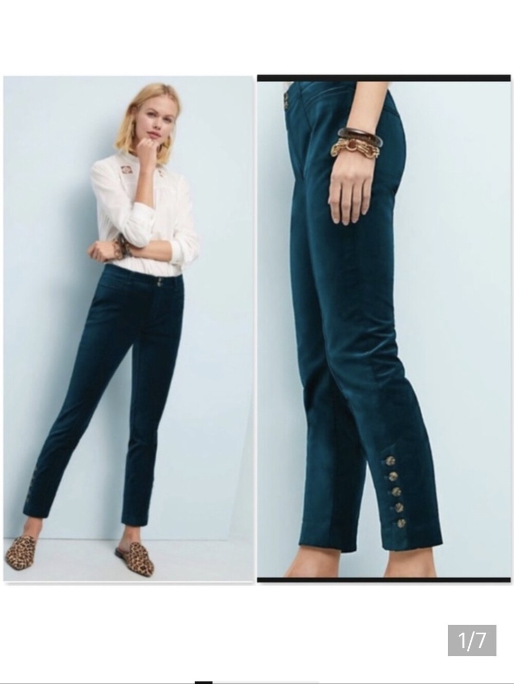 Anthropologie The Essential Slim Velvet Pants in a dark teal color (0)
